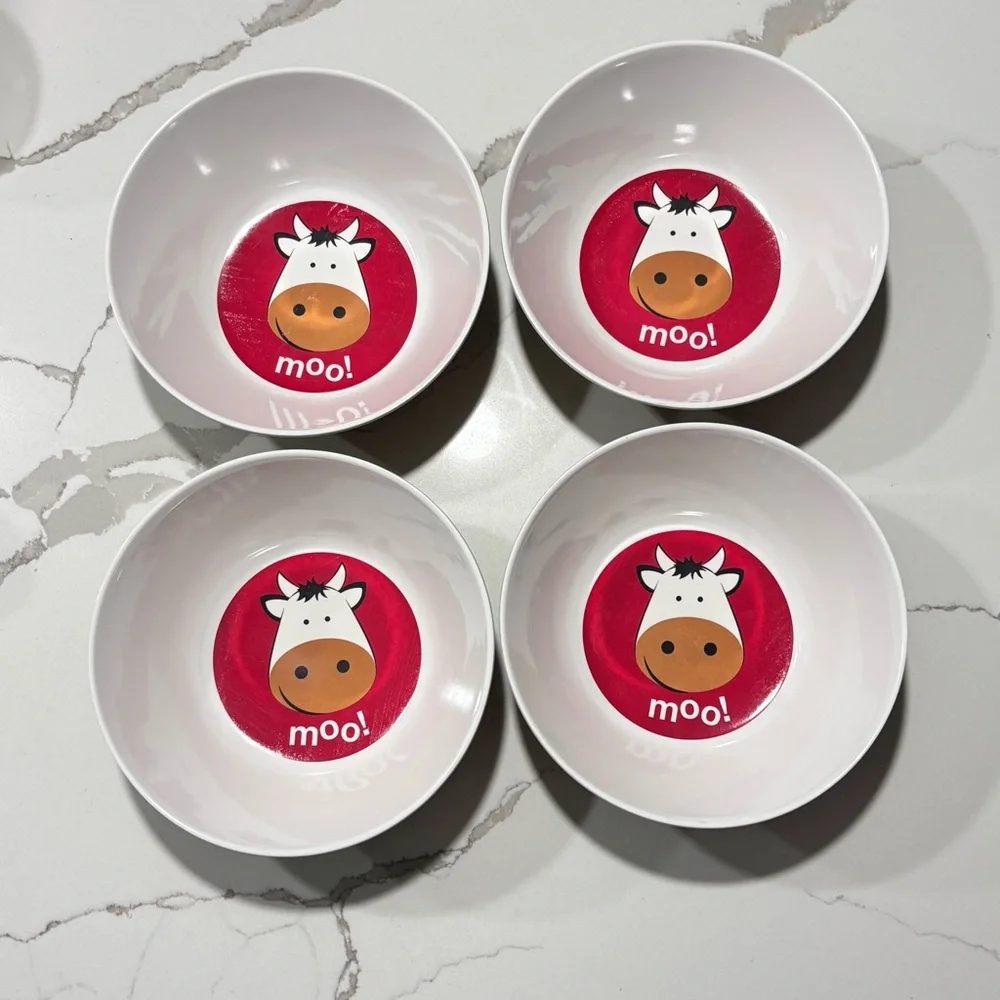 Plastic Green White Red Farm Themed Bowls Set Of 4 Dessert Cups Cow Horse Barn